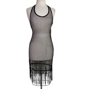 Halter dress M mesh black with a faint gold shimmer fringe hem